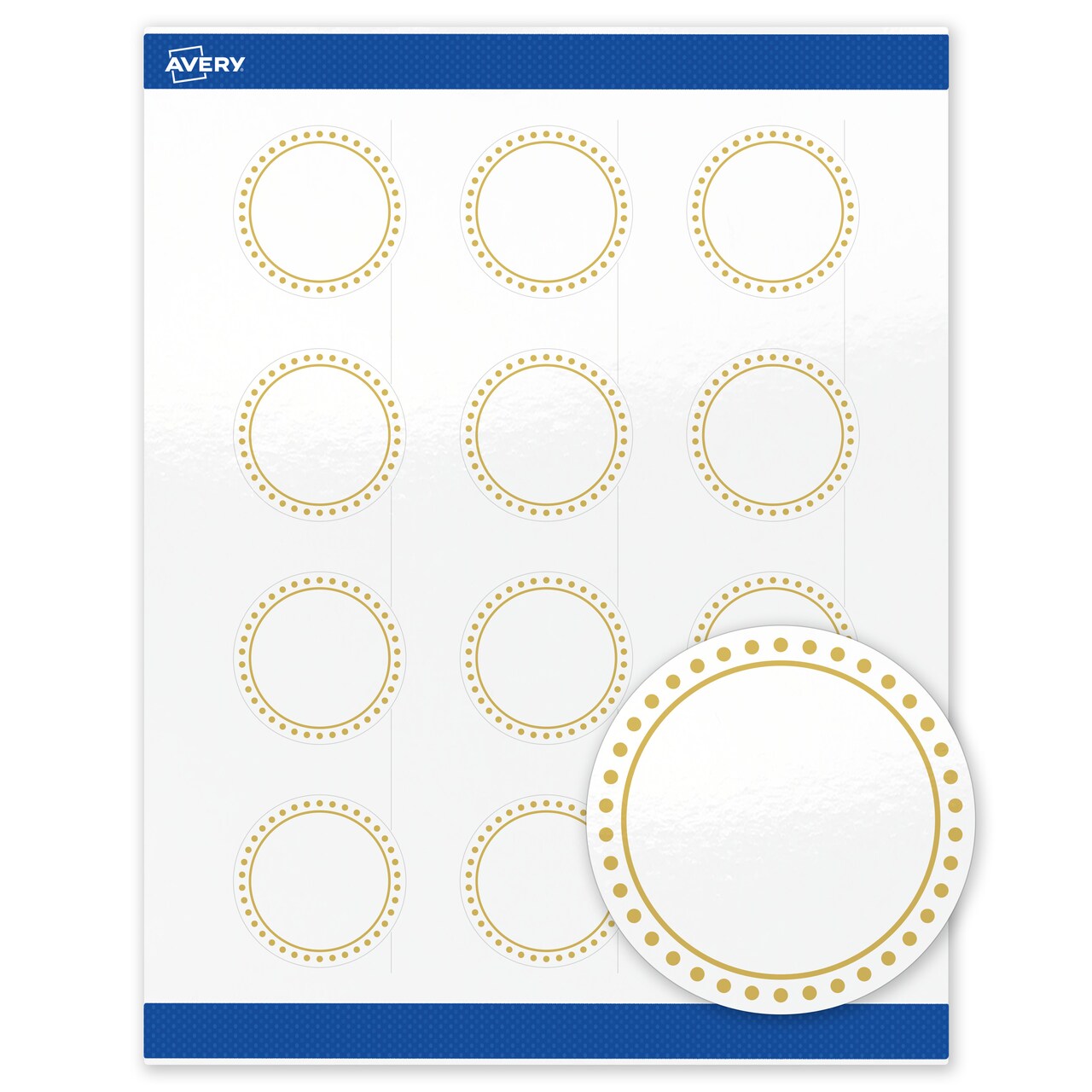 Avery Printable Round Labels with Sure Feed Technology, Gold Border with Gold Dots Design, 2" Diameter, Glossy White Permanent Labels, Laser/Inkjet, 120 Total, Great for Product Labels